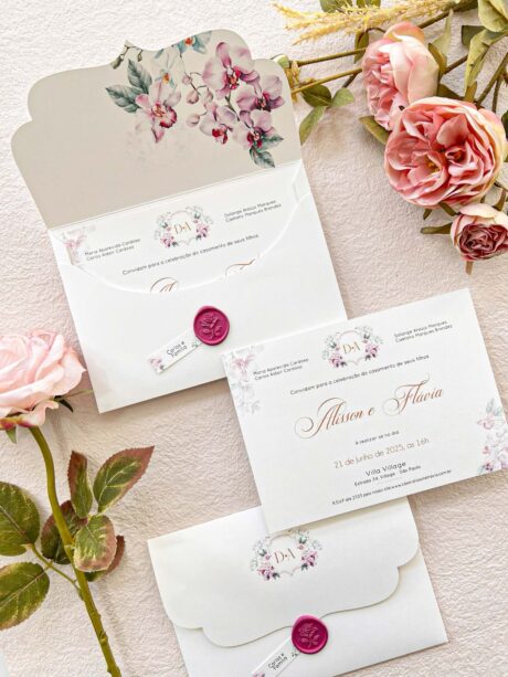 Convite Carta Delicadeza – Texturizado Estampado - Lacre de Cera - COD. 215-L