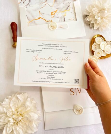 Convite Carta ABA RETA- Texturizado Estampado-Impressão externa- Lacre de Cera