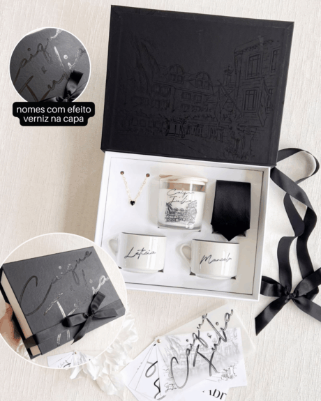 Caixa Turmalina - Casal Completa - Cartonagem efeito verniz (Xícaras, Gravata, Pulseira, Vela aromática 265ml) Cod. 1006