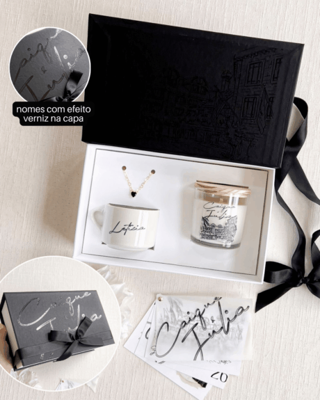 Caixa Turmalina – Madrinha/Mãe – Cartonagem / verniz Preta (Xícara, Pulseira, Vela aromática 265ml) Cod. 1006