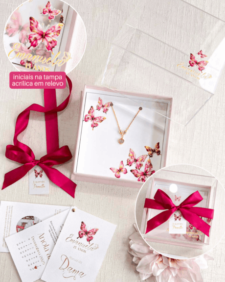 Caixa Acrílica Amiga/Madrinha 15X15x8 (Cartonagem + TAMPA ACRÍLICO) - Pulseira