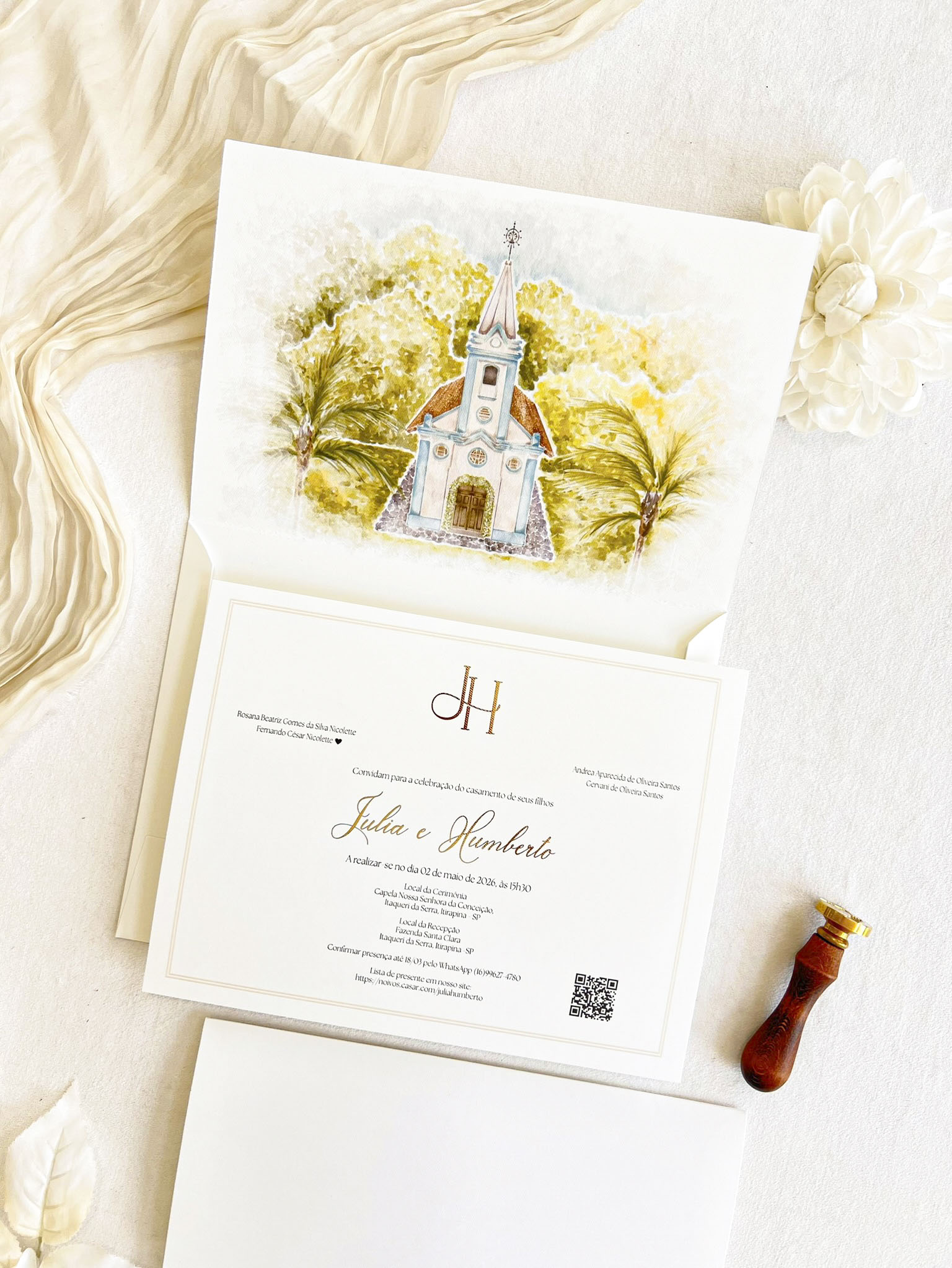 Convite Carta Aba Reta GRANDE - Lacre de cera - Metalizado -COD. 267 - L