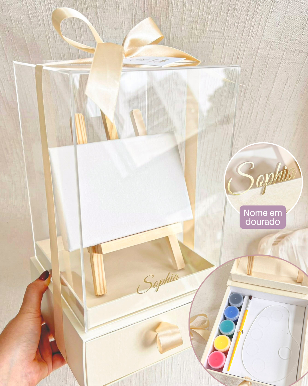 Caixa Acrílica c/ gaveta 16x16x22cm (Cartonagem + TAMPA ACRÍLICO) Nome Metalizado - Tela 10x15cm + Kit Pintura