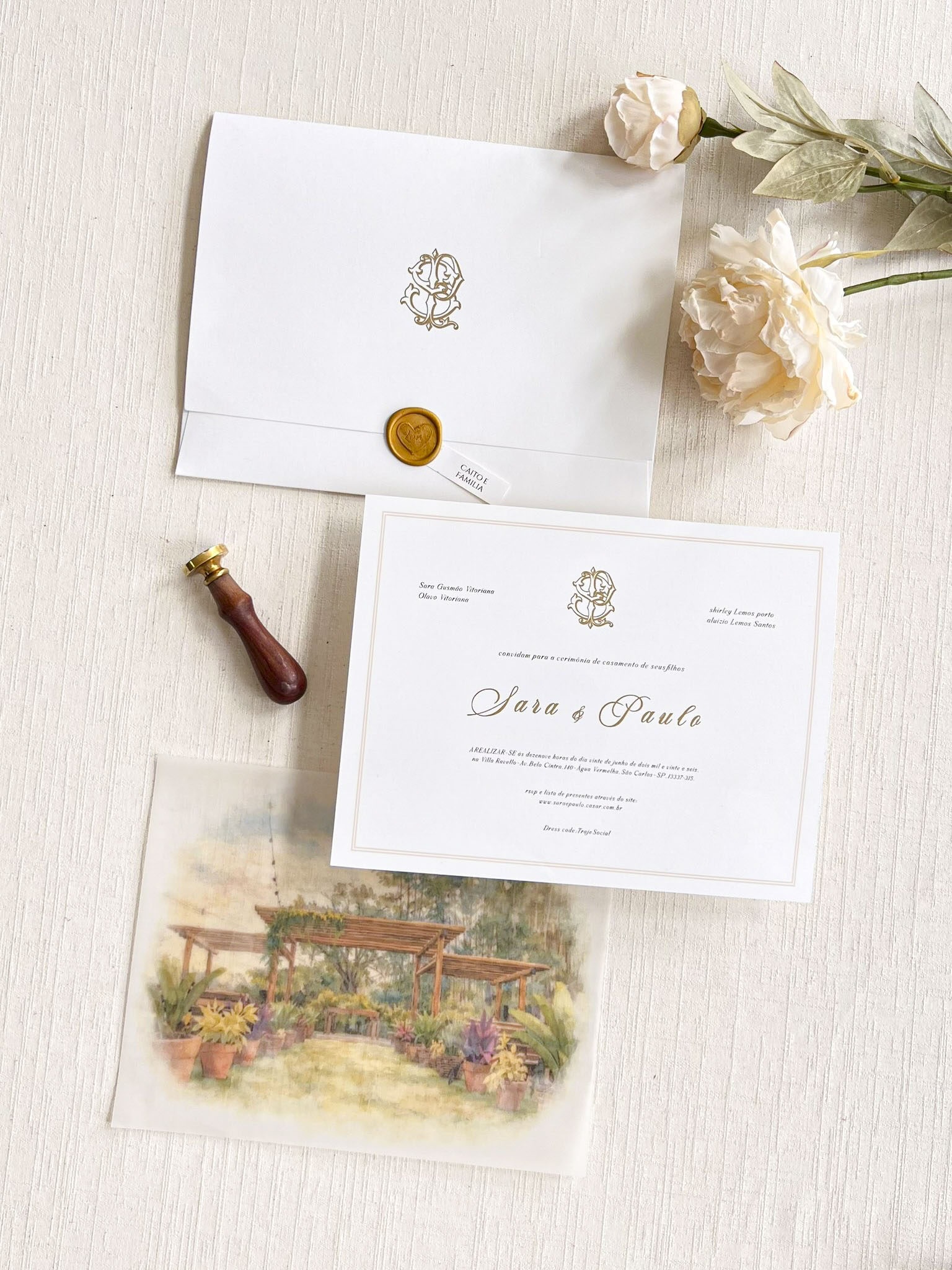 Convite Carta Aba Reta GRANDE - Lacre de cera - Folha Vegetal - Metalizado -COD. 267 - L