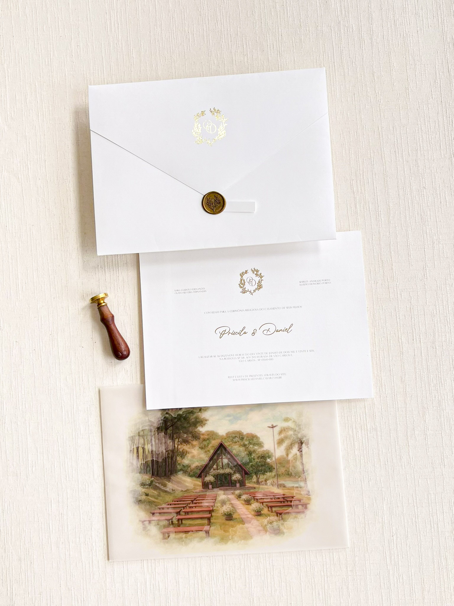 Convite Luxo Clássico Carta Tradicional GRANDE 30X22 - Lacre de cera - Metalizado + Luva estampada Externa -COD. 369