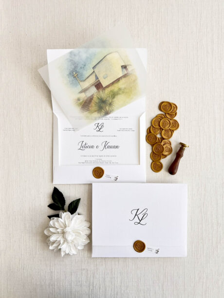 Convite Carta Aba Reta GRANDE - Lacre de cera - Folha Vegetal -COD. 267 - L