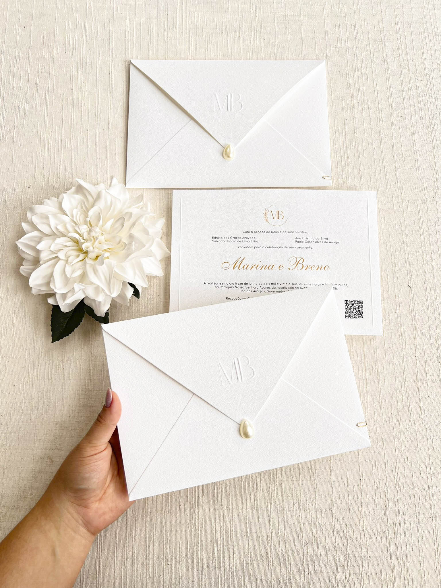 Convite Carta Tradicional – Texturizado - Relevo Seco - Pérola Gota